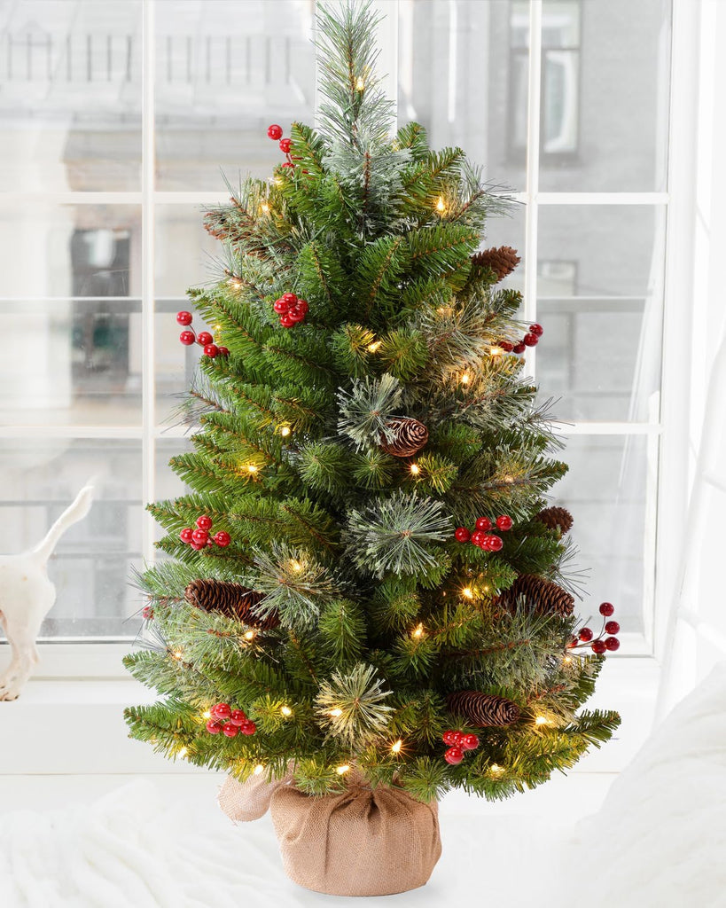 3ft Pre-lit Artificial Christmas Tree with 70 Warm White Lights, Flocked with 12 PineCones,12 Red Berries Green