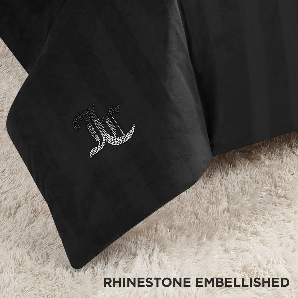 Jenny Velour Striped Jacquard Queen/Full Size Duvet Cover Bedding Set Ensemble - Black 3 Piece Set