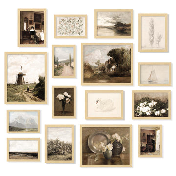 Framed Vintage Wall Art, 16 Botanical Prints, Beige Frame