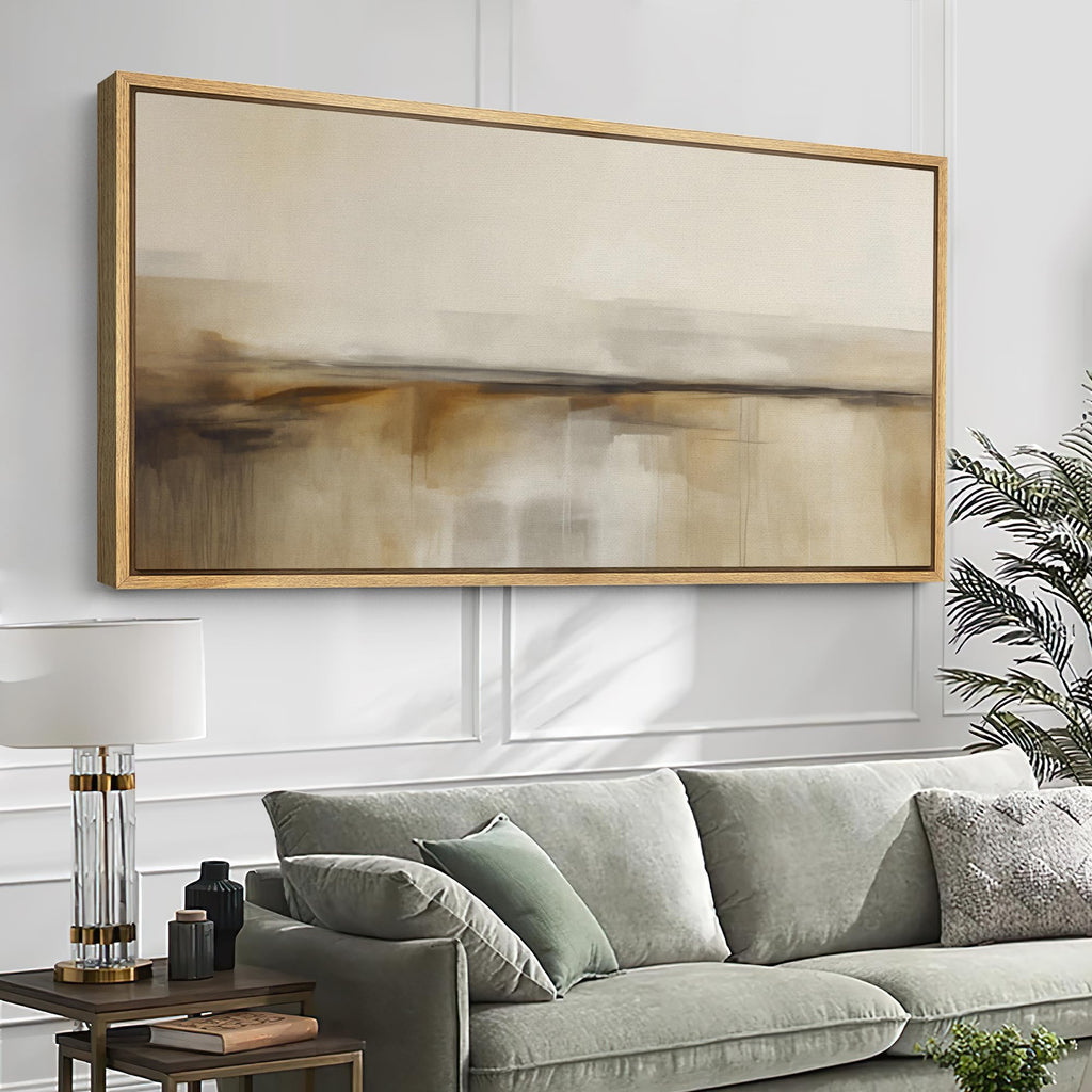 Extra Large Framed Canvas Print Wall Art Neutral Abstract Minimalist Beige and Brown Landscape Illustrations Modern