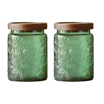 2-Pack Green Vintage Glass Jars, 23.7 oz Sunflower Embossed Food Canisters