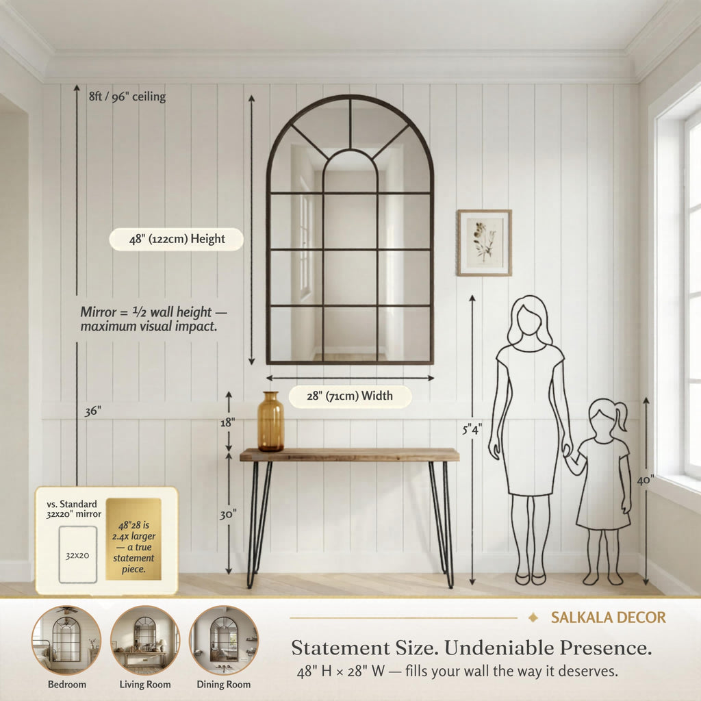 48x28Inch Arched Window Pane Mirror| Black Arched Mirrors for Wall & Floor | Arch Mirror Full Length Living Room &