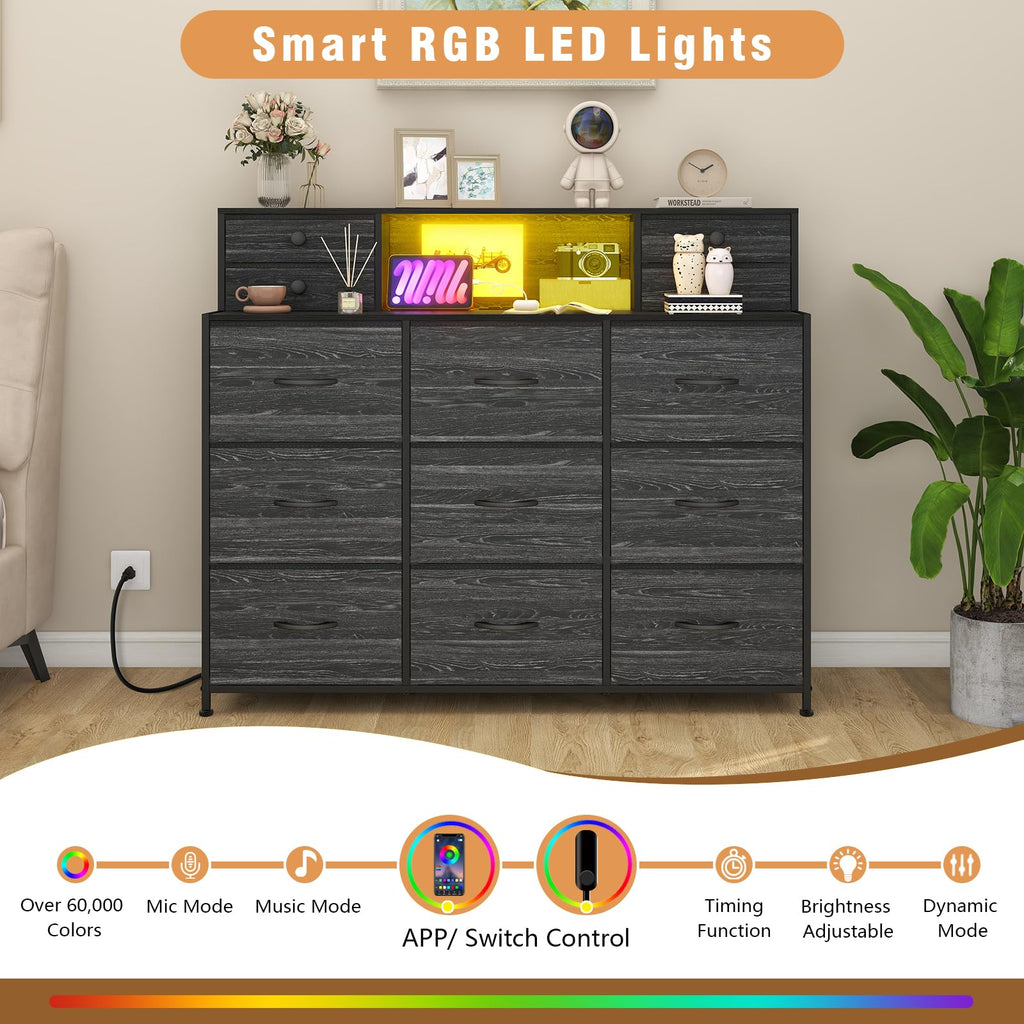 Black Dresser with Charging Station and LED Lights 13 Drawers Dressers Long Dressers & Chests of Drawers Hallway