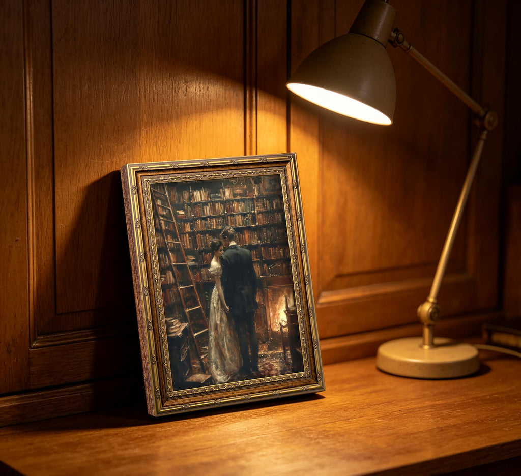 Vintage Gold Framed Library Couple Wall Art, Dark Academia Romantic Canvas Print, Moody Romantic Victorian Library