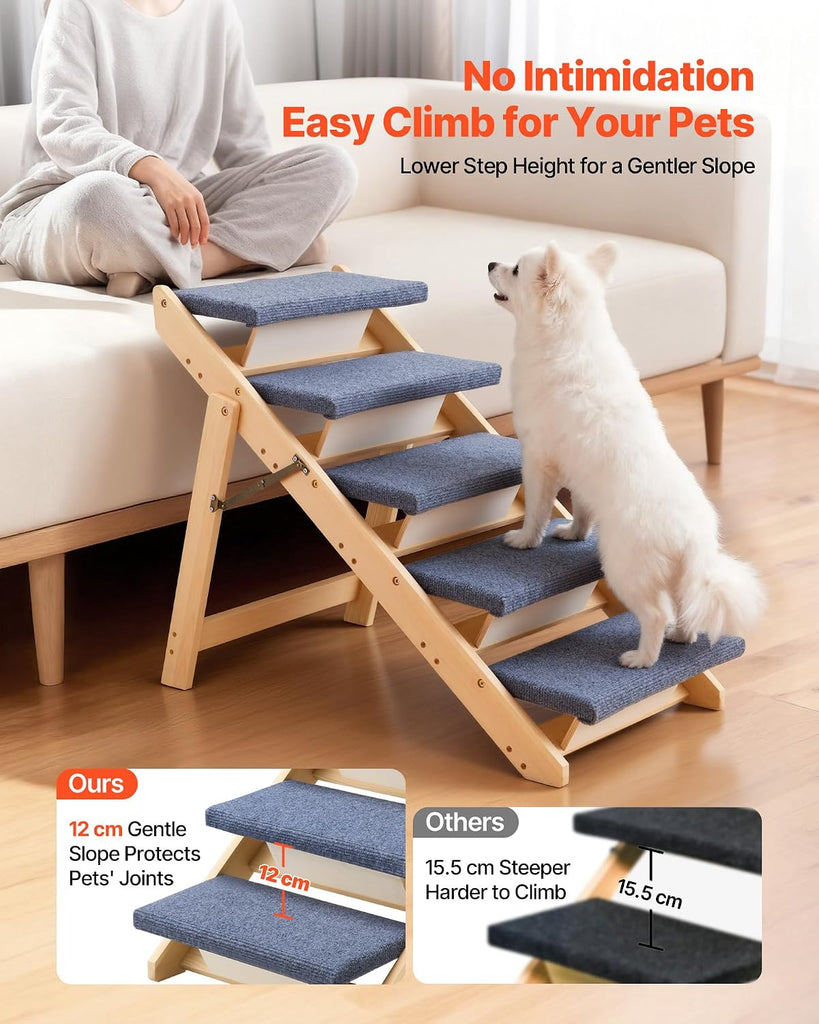 Wood Pet Stairs, 5-Step Dog Stairs for Beds, Sofa & Cars, 150lbs Load Capacity, Floded Flat Design, Stable & Sturdy