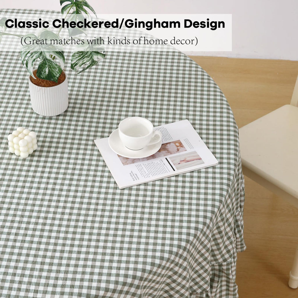 Sage Green White Gingham Tablecloth Round Dia.70"