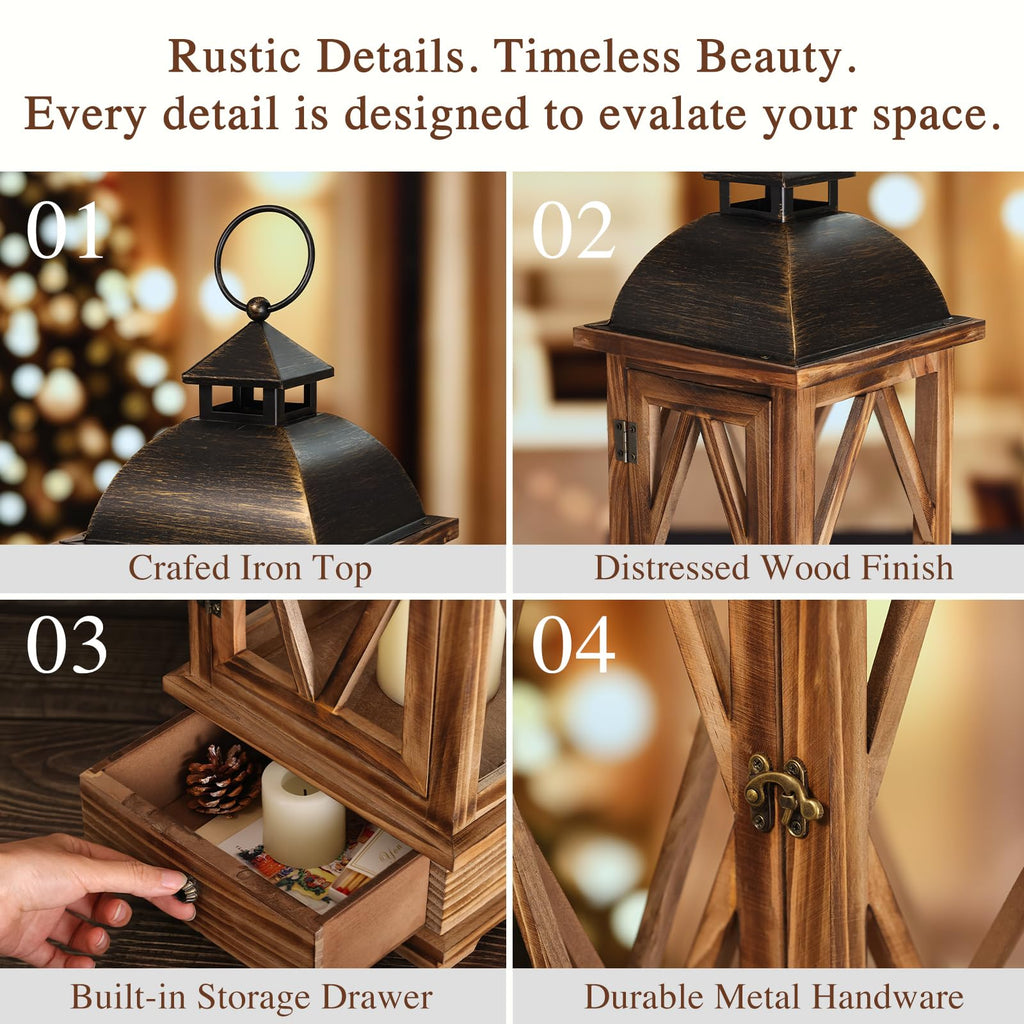 Wooden Candle Lanterns Set of 2, Rustic Farmhouse Indoor Outdoor