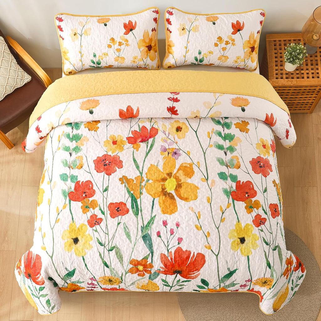 Quilt Set Queen, Yellow Floral Reversible Bedspread Soft Microfiber Lightweight Queen Quilt Bedding Sets Reversible