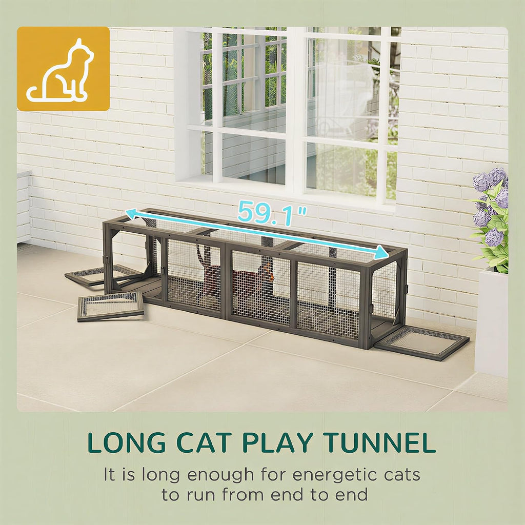 Outdoor Cat Tunnel w/Extendable Design 59" L Wooden Cat Run Gray