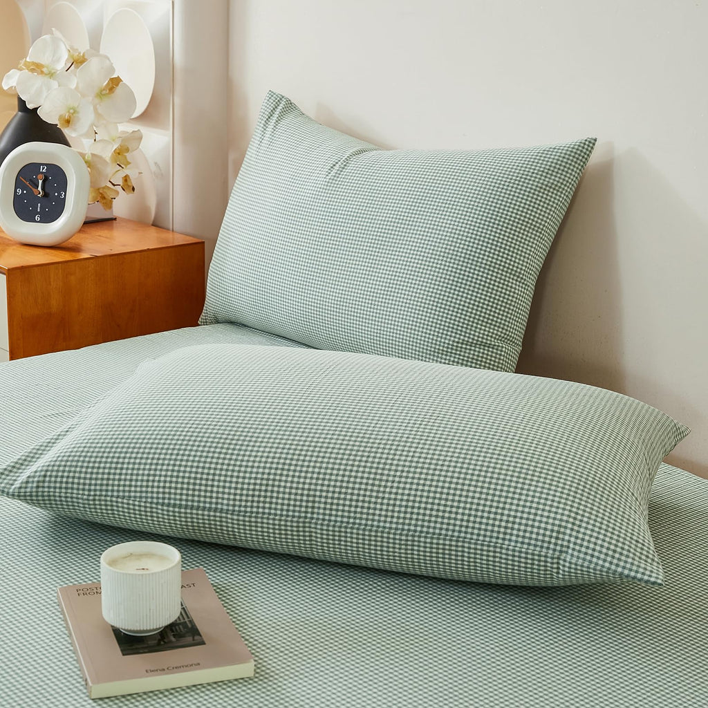Mint Green Gingham Duvet Cover Set - 3 Piece Washed Cotton Linen Like Plaid Bedding Set with Zipper, Soft &