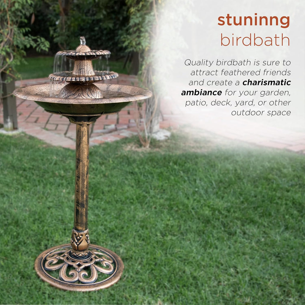 35” Tall 3-Tier Pedestal Water Fountain with Birdbath in Vintage - Outdoor Garden Fountain Decoration, Bronze