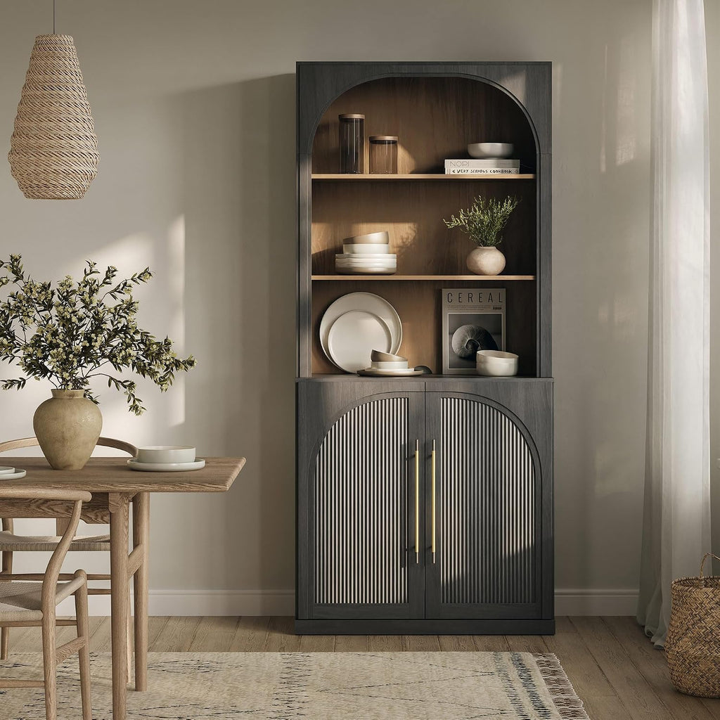 Tall Arched Storage Cabinet with Hutch,Modern Bookcase with Drawers,Freestanding Display Shelf with Fluted