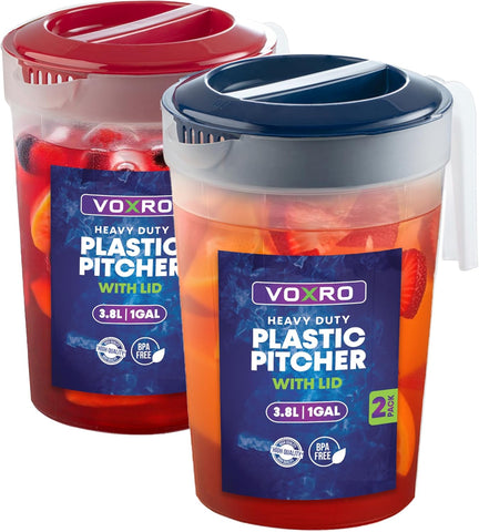 2-Pack 1-Gallon Plastic Pitchers with Lids - Iced Tea Pitchers with Twist Cover BPA-Free, Dishwasher & Freezer Safe