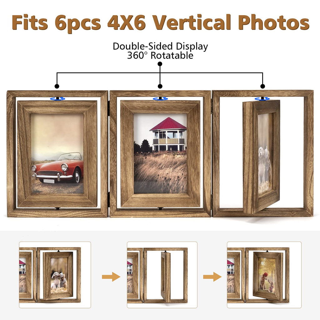 4x6 Picture Frame Rustic Wood Hinged Folding Triple Picture Frames Collage, Double-Sided Display Rotatable High