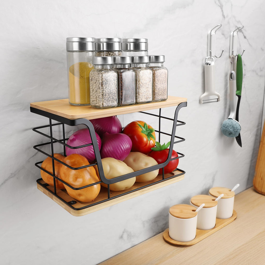 Large Wire Basket Pantry, Stainless Steel Kitchen Counter Organizer for Potato Onion, Trash Bag Dispenser Under Sink