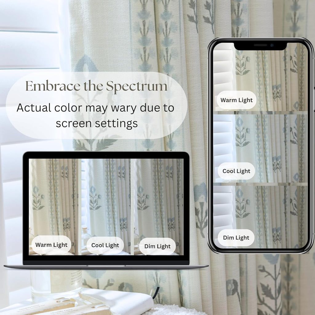 Linen Blend Pinch Pleated Curtains 96 Inches Long , Light Filtering Curtains 2 Panels Set, Modern Floral Printed