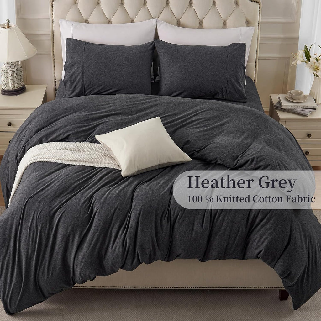 Knit Duvet Cover Set 100% T-Shirt Cotton Super Soft Comfy 3pc Bedding Set with Zipper Closure (Heather