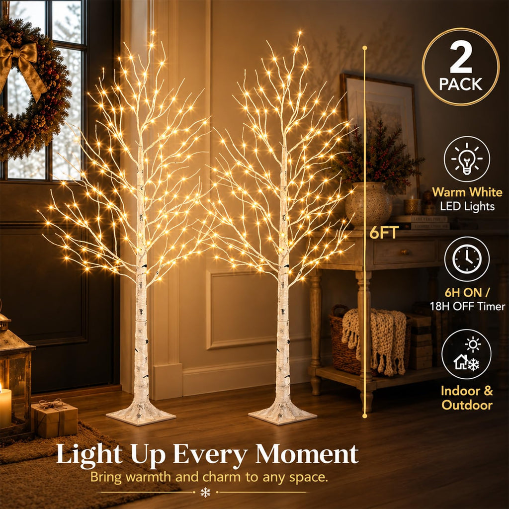 Birch Tree with LED Lights, 6ft Lighted Christmas Trees Outdoor