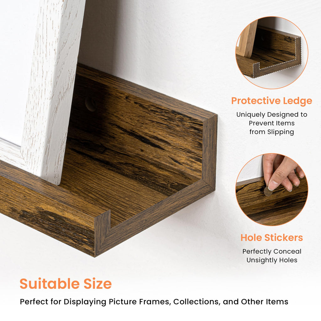 Picture Ledge Shelf, 32 inch Floating Wood Shelves Set of 2, Rustic Brown