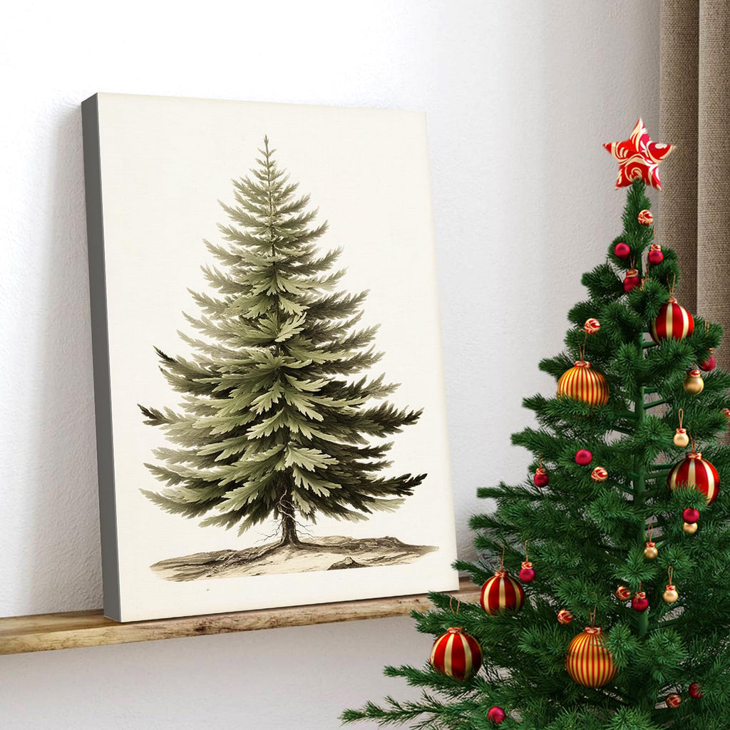 Vintage Christmas Tree Canvas Wall Art, Botanical Pine Tree Print Poster