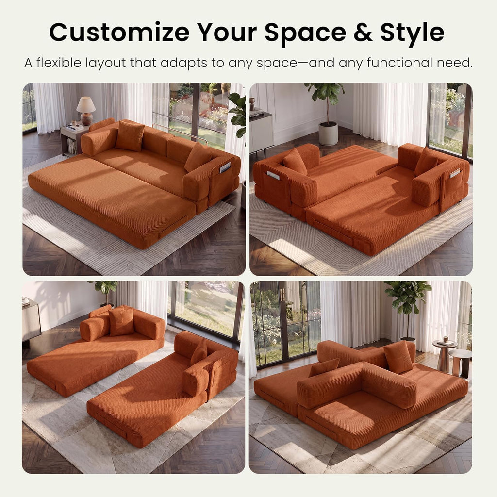 79.5" Convertible Futon Sofa Bed, Boneless Couch | Corduroy Boneless Loveseat Sleeper Sofa, Modular Futon Couch with