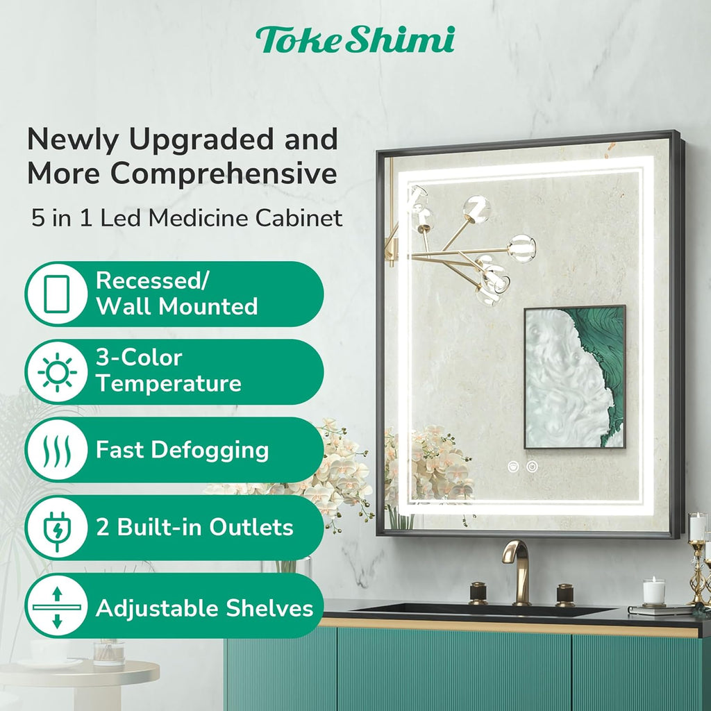 16x24 Inch LED Medicine Cabinet Black Frame, Medicine Cabinet with Lights, 3-Color Lighted Medicine Cabinet Mirror