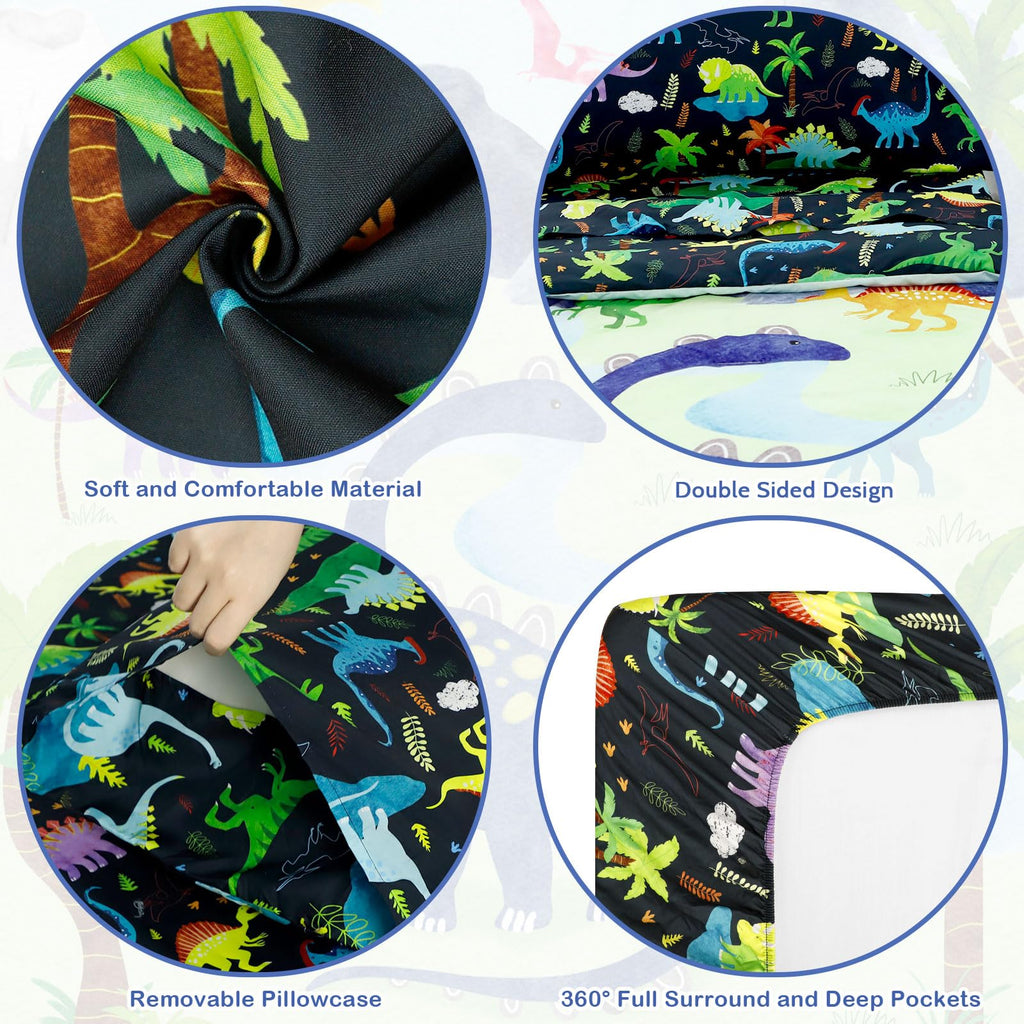 4 Piece Toddler Bedding Set, Ultra Soft and Breathable Cartoon Dinosaur Toddler Comforter Sets for Boys Includes