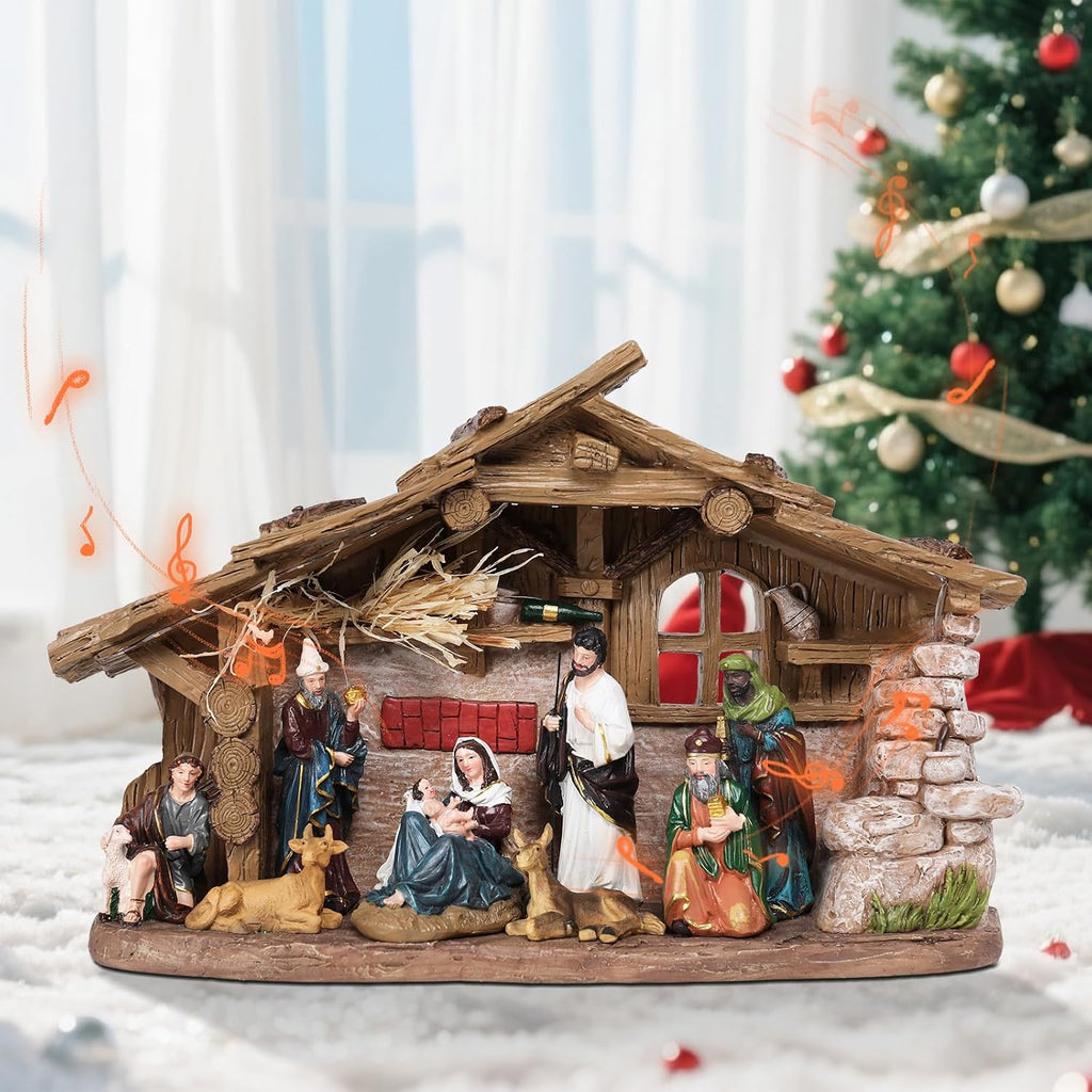 Nativity Scene with Manger, Resin Nativity Sets Figurine with LED Light and Music, 15.6 Inch Holy Family Lighted
