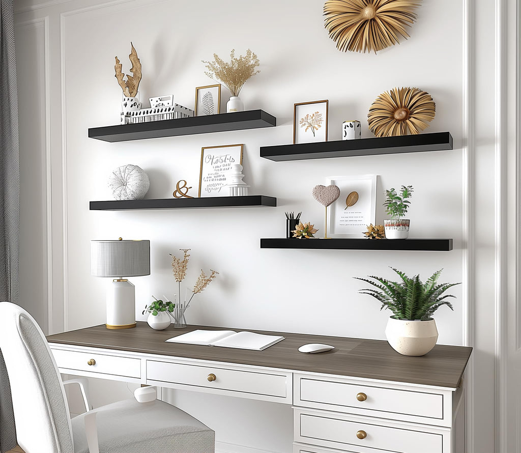 24 Inch Wood Floating Shelves for Wall, Wooden Wall Shelves, Set of 6 Black