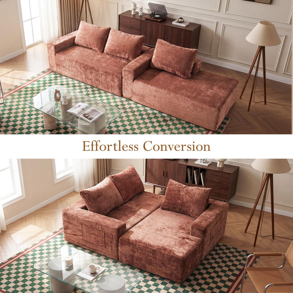95" Boneless Couch, L-Shape Sectional with Right Chaise, Rust Red