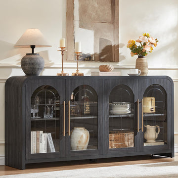 65" Sideboard Buffet Cabinet with Arched Glass Doors, Dark Gray