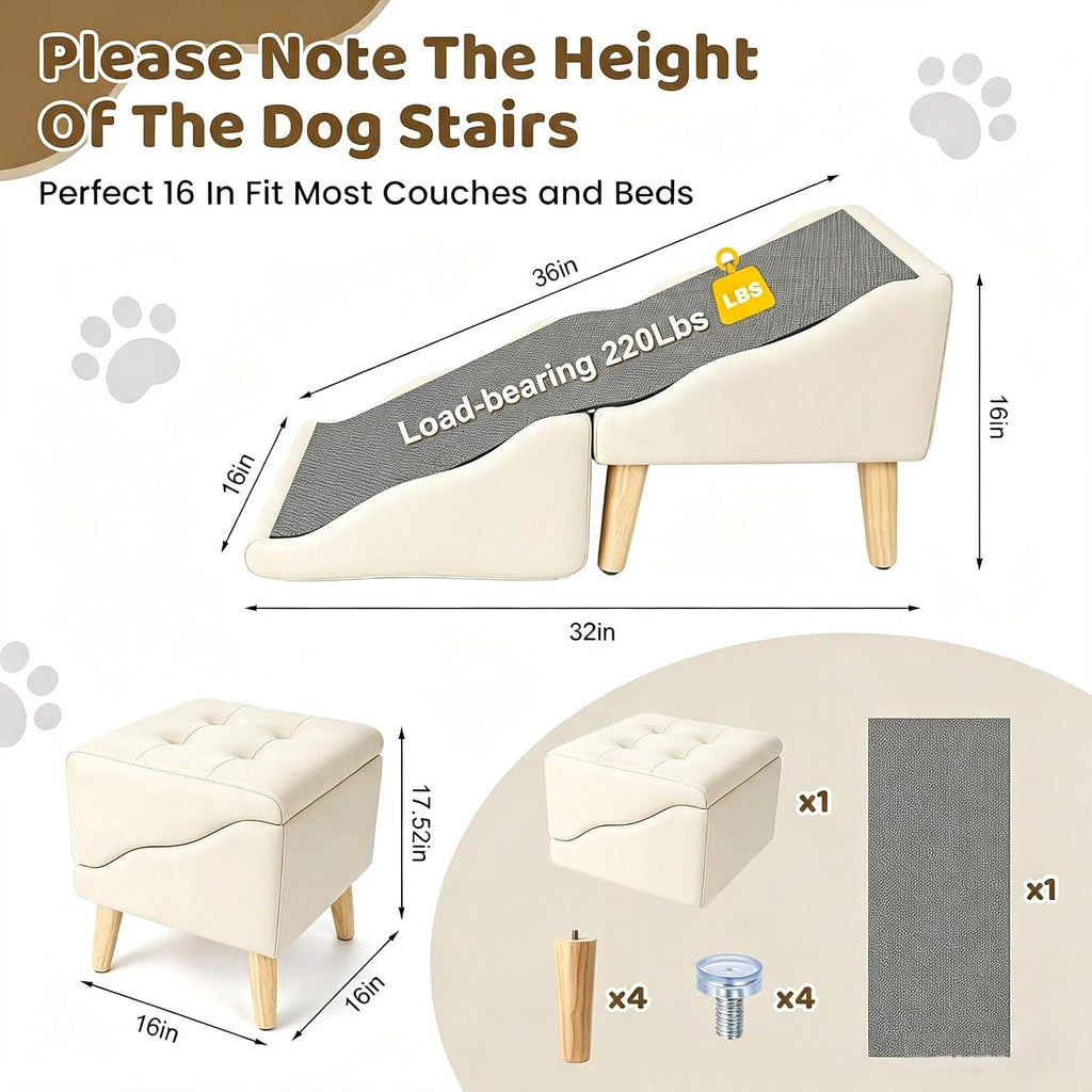 Dog Stairs for Small Dogs 16" H, Foldable 2-in-1 Ottoman Dog Ramp for Couch