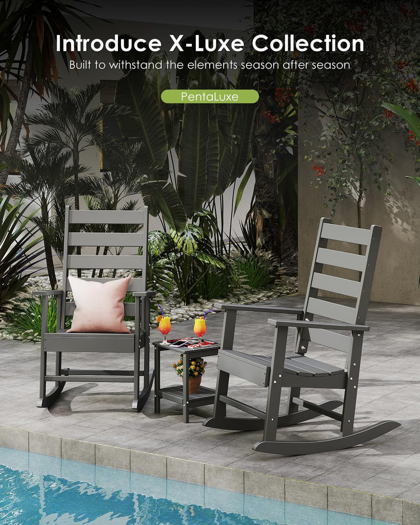 Outdoor-Rocking-Chair Set | 3-Piece | 2 Rocking Chairs with 1 Side Table | HDPE Plastic | Patio Rockers | Porch