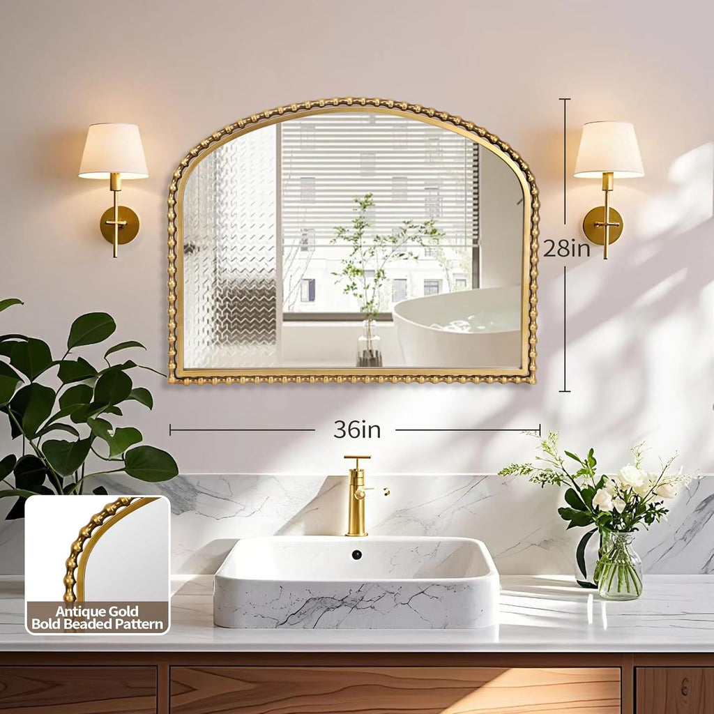 36x28 Inch Wide Arched Wall Mirror with Bold Antique Gold Beaded Frame, Decorative Mantel Mirror for Fireplace or
