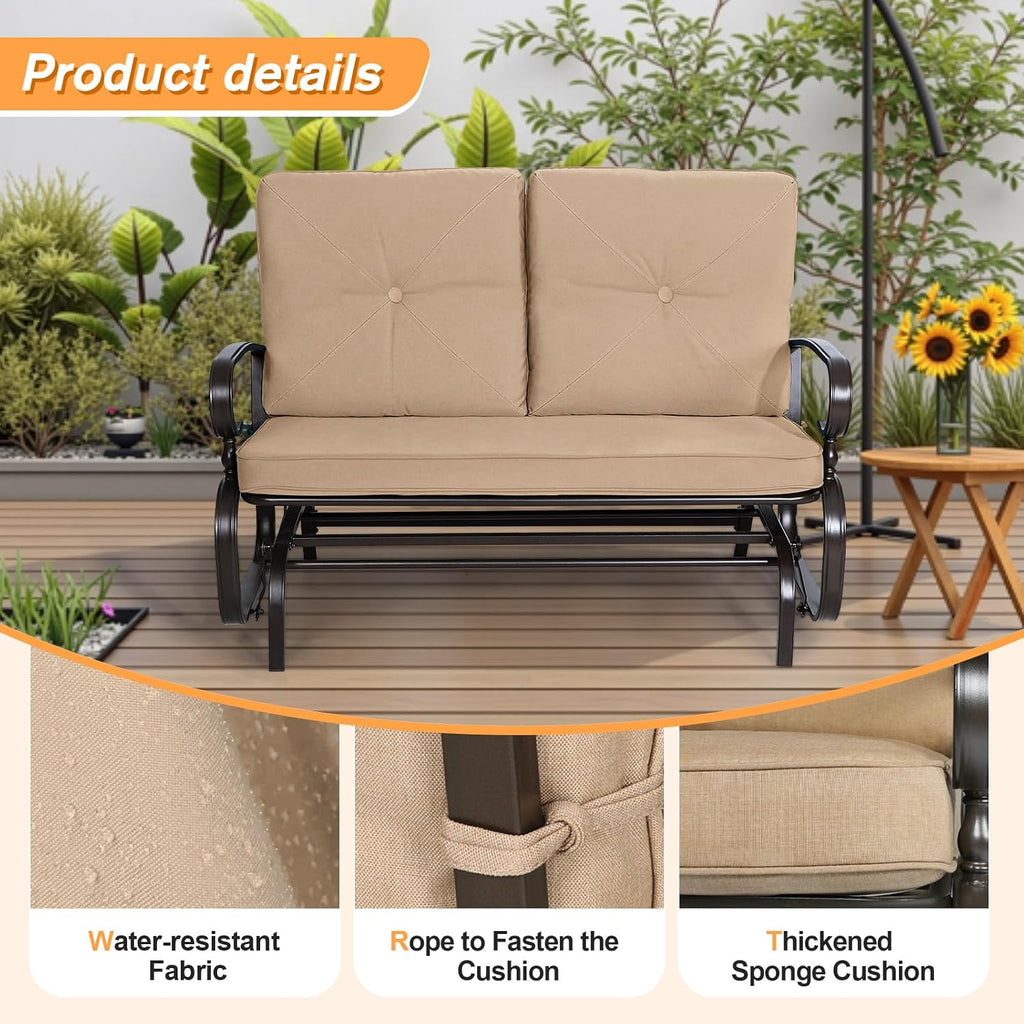 Outdoor Loveseat Patio Swing Glider Bench 2 Seats Rocking Chair, Wrought Iron Chair Set with Brown Cushion