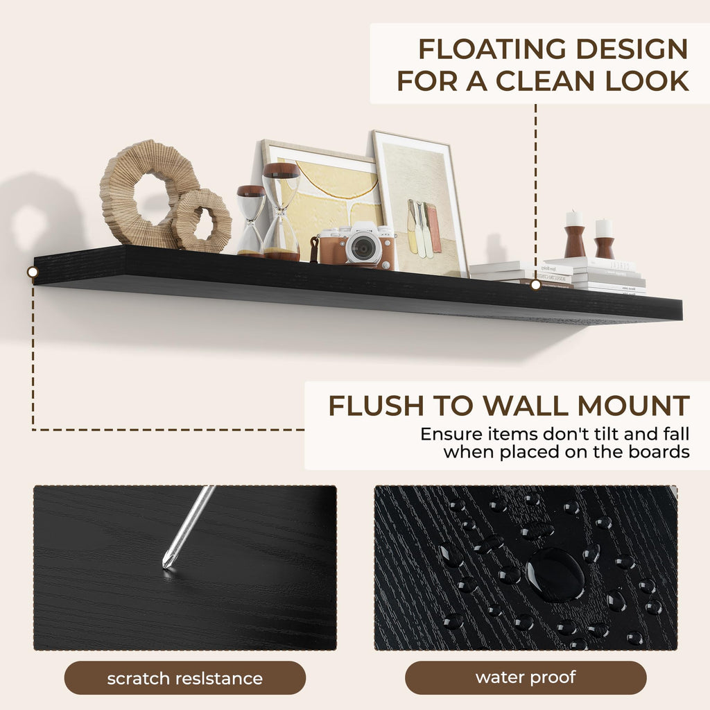 72Inch Floating Shelves for Wall 2Pack, Black, 8" Deep
