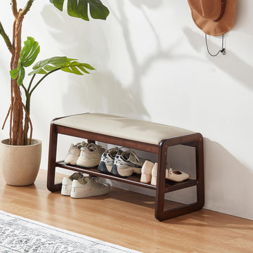 Shoe Rack Bench, 2 Tier Solid Wooden Entryway Bench(Pu Beige, 31.5")