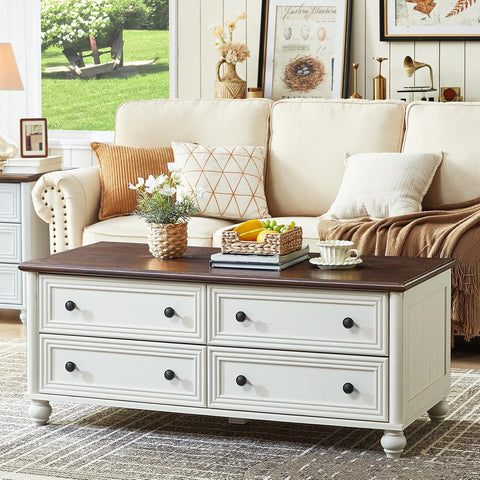 48" Farmhouse Coffee Table with Hidden Storage,Wooden Coffee Tables with 4 Drawers & Roman Column Handle,Rectangular
