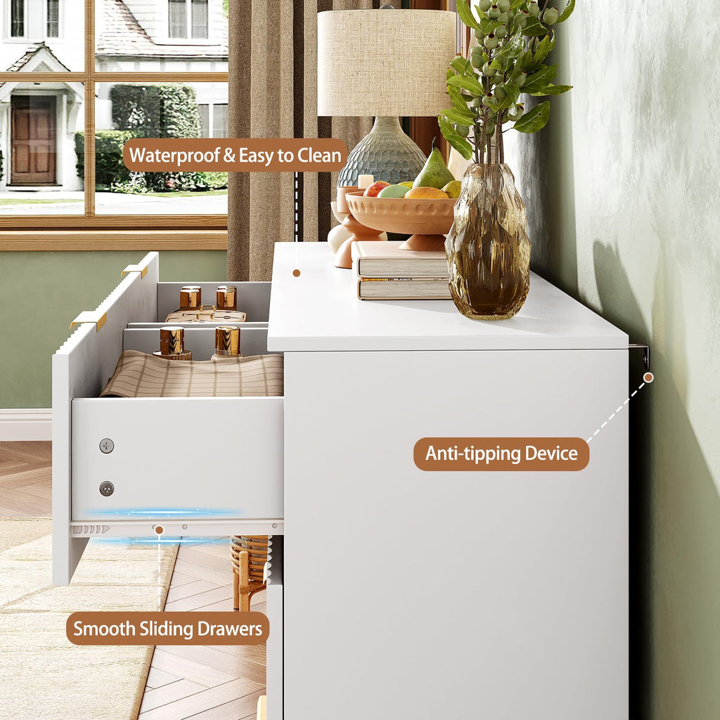 47.2" Wide Fluted 6 Drawer, White
