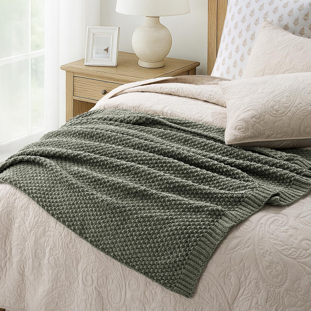 Chunky Chenille Knit Throw Blanket, 50x60, Dried Thyme Green