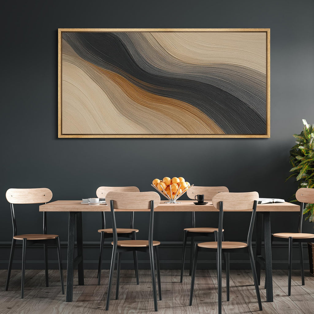 Extra Larg Framed Canvas Print Wall Art Abstract Wave Pattern Neutral Black and Brown Modern Geometric Illustrations