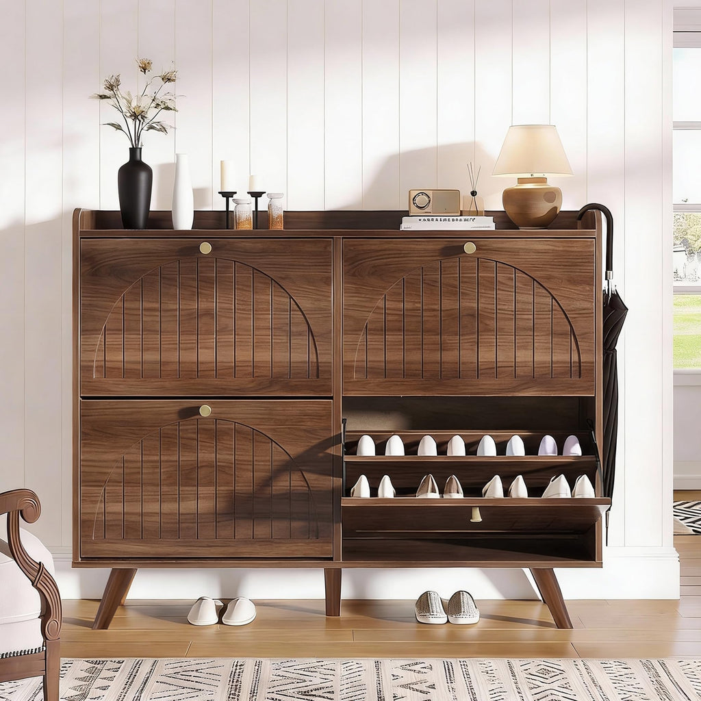 47.2" Shoe Cabinet with 4 flip-Down Drawers, Three Adjustable Levels, freestanding Wooden Shoe Rack, Suitable, and