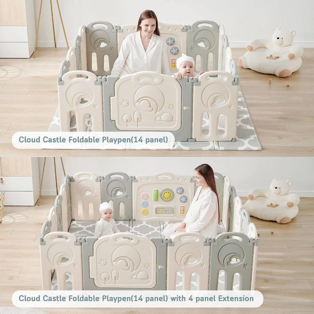 Cloud Castle Large 14-Panel Baby Playpen for Babies Toddlers, Gray | Foldable Safety Play Yard Enclosure and Fence