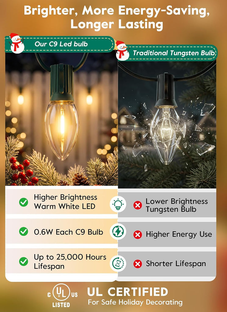 C9 Christmas Lights Outdoor, 100FT 50 Clear LED Bulbs, Warm White