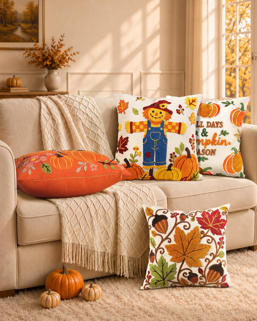 Fall Embroidered Throw Pillow Cover 18x18 Inch, Maple Acorn