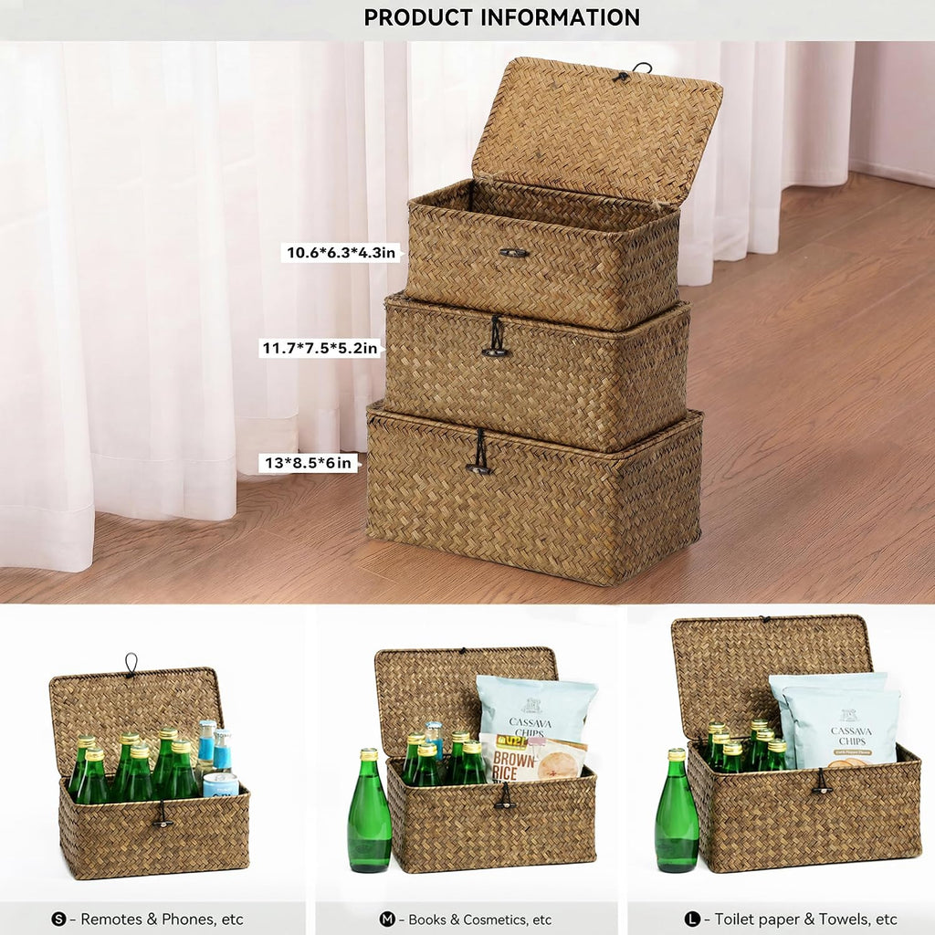 Seagrass Storage Baskets with Lid Set of 3,Wicker Basket Storage Bin for Shelves,Rectangular,Boho Decor,Handwoven