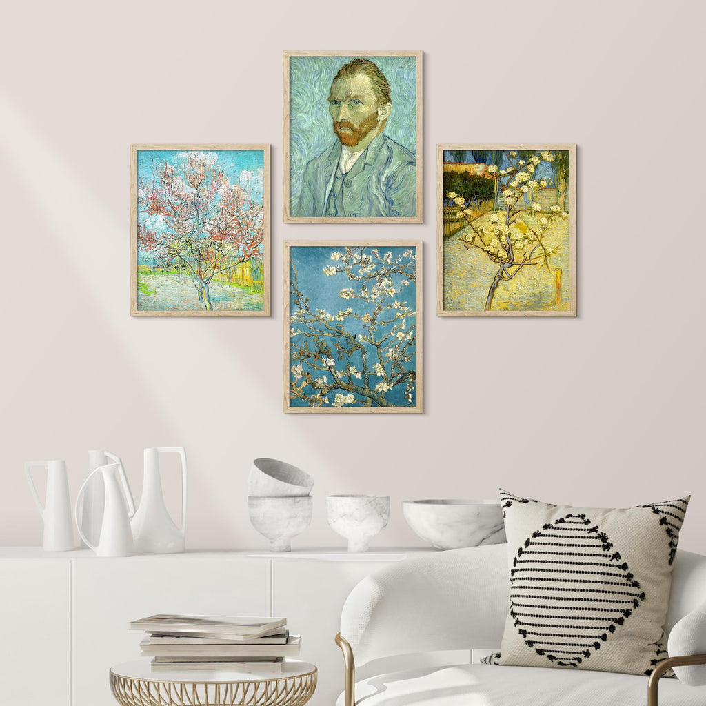 Framed Poster Van Gogh Blossoming Trees and Self-Portrait Classic Illustrations Fine Art Decorative Vintage