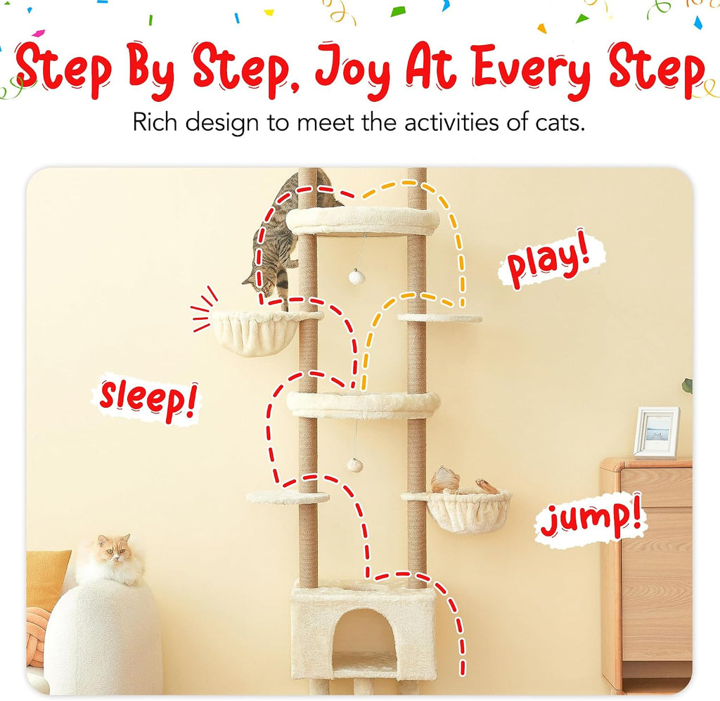 Cat Tree, Floor to Ceiling Cat Tower Adjustable Height [92.9-102.4 in=235-258cm], 7 Tiers Cat Climbing Play House