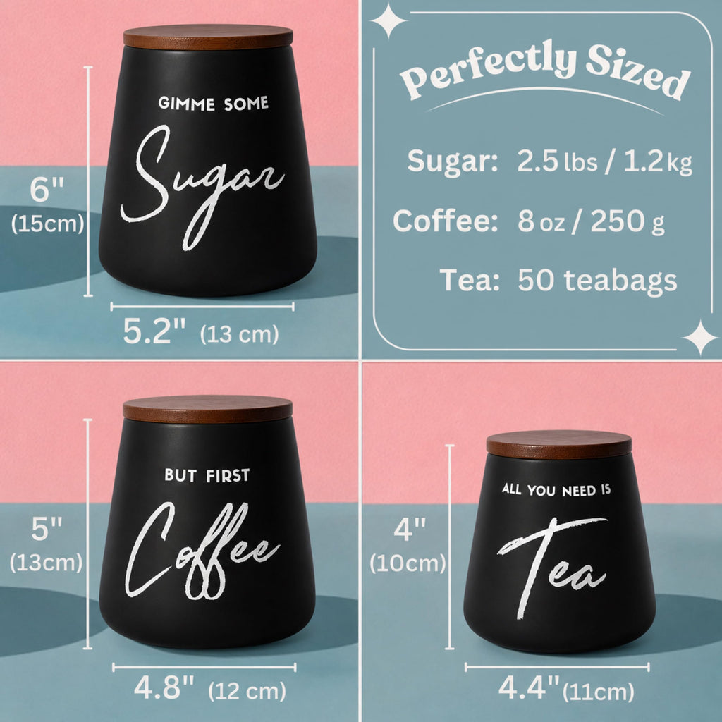 Modern Coffee Tea Sugar Container Set, 3pc Ceramic Storage Jar, Matte Black