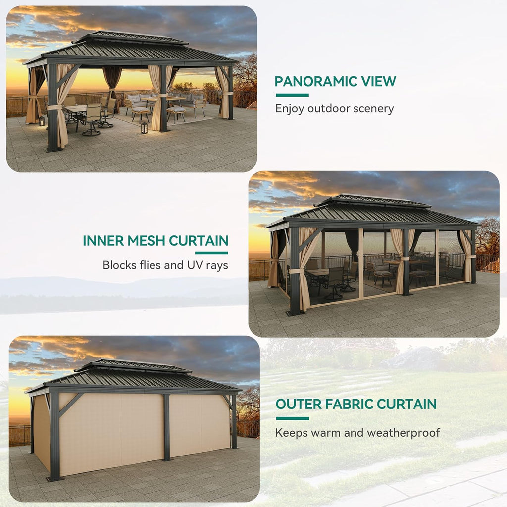 12x20ft Gazebo Hardtop Canopy Heavy Duty Double Roof Outdoor w/Nettings and Curtains